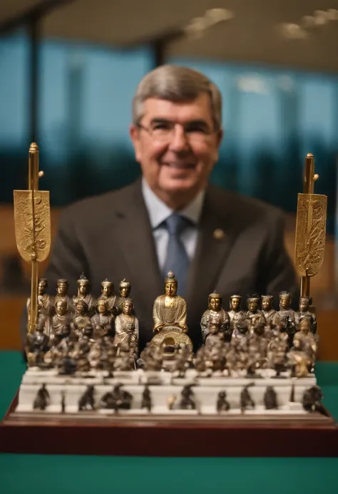 IOC President Thomas Bach in his office at the Olinsk Secretariat、(((Japan dolls, Samurai helmet and traditional Japanese sword、Smile as you line up treasures such as Buddhist statues.。Big Olympic ring mark on the background、