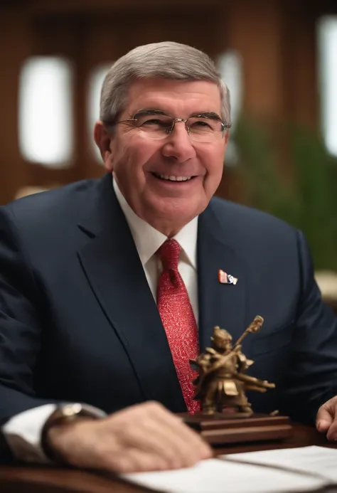 IOC President Thomas Bach in his office at the Olinsk Secretariat、(((Japan dolls, Samurai helmet and traditional Japanese sword、Smile as you line up treasures such as Buddhist statues.。Big Olympic ring mark on the background、