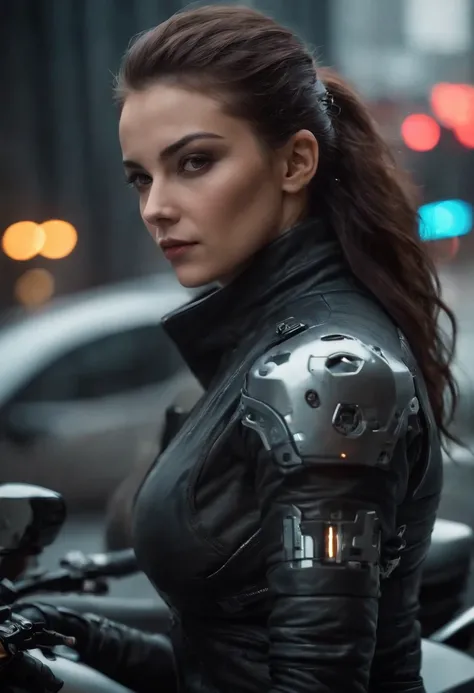 ((qualidade superior)), ((Melhor Varejo)), (high level of detail: 1.3), ....3d, Um homem pilotando uma motocicleta,Lindo eu fiz (Cyberpunk:1.3) Hacker mulher, female spy, Pilotando uma motocicleta,Long medium rise,(Medium plan)