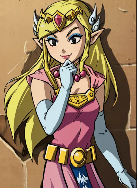 toon zelda, 1girl, solo, long hair, smile, blonde hair, gloves, dress, jewelry, pointy ears, elbow gloves, belt, necklace, black eyes, makeup, tiara, eyeshadow, adjusting elbow glove