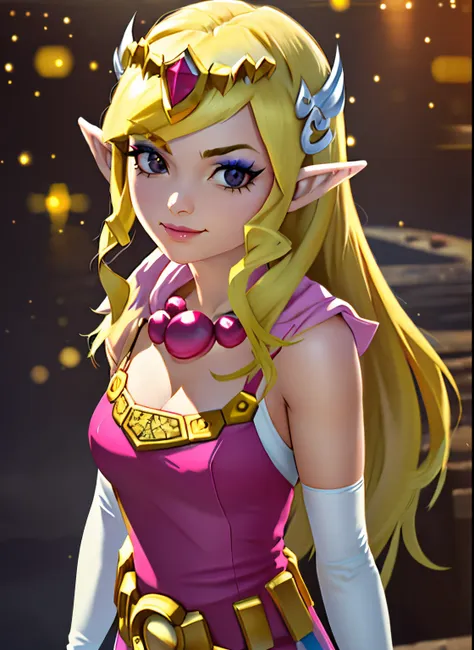 toon zelda, 1girl, solo, long hair, smile, blonde hair, gloves, dress, jewelry, pointy ears, elbow gloves, belt, necklace, black eyes, makeup, tiara, eyeshadow, pulling up elbow glove to arm
(best quality,4k,8k,highres,masterpiece:1.2),ultra-detailed,(real...