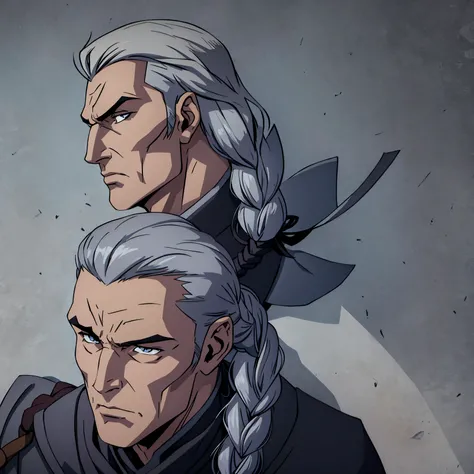 guy samurai face in profile gray hair and braid handsome Jojo