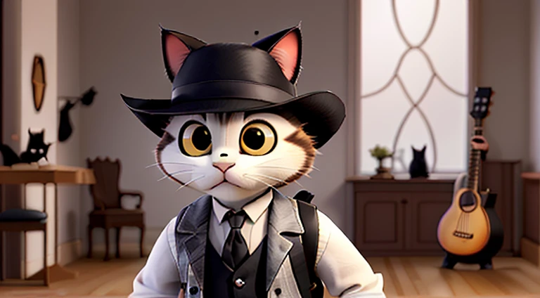 Dressed in a black western look、((A wandering private detective cat carrying a white guitar on his back.)).White headscarf、(rotＹThe shirt)、Black vest、(Cats ears)