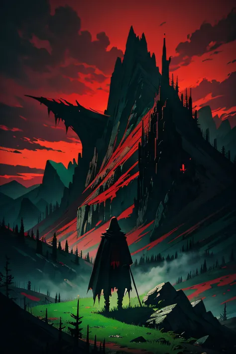 Dark art, horror art, The Pig Man, Flight, green raincoat, holding a revolver, Mountain in the background, art in red and black colors and their combinations, Masterpiece