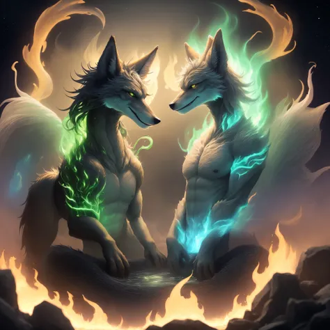 "They" become a complete Mythical Creature. "Their" Mythical Creature form is
bathed in green-tipped silver flames. Its appearance is a writhing mass of star-filled tendrils in the rough shape of a coyote.