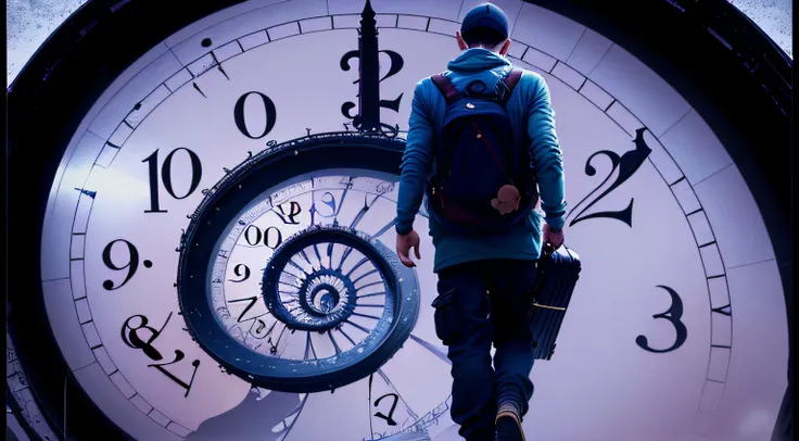 there is a man climbing a spiral clock with a suitcase, Tema Viagem no Tempo, viagem no tempo, viajantes do tempo, viajante do tempo, time does not exist anymore, time is running out, Viaje no Tempo, time consumes us all, time vortex in the background, Tim...