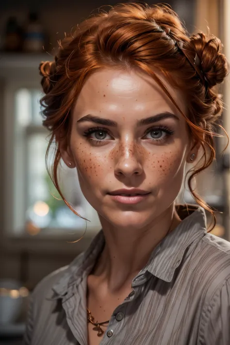 a facial portrait picture of a 1 woman, a 40-year- old Scottish woman in her kitchen. The woman has copper red hair, tied up to a braid, ((brown eyes)), downturned eyes, high cheekbones, strong eyebrows, freckles, strong jaw, strong face, smile, grey blous...