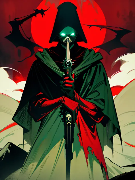 Dark art, horror art, (The Pig Man), pale green cloak, ((holding a revolver)), Mountain in the background, art in red and black colors and their combinations, Masterpiece