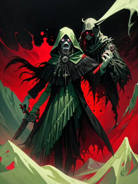 Dark art, horror art, (The Pig Man), pale green cloak, ((holding a revolver)), Mountain in the background, art in red and black colors and their combinations, Masterpiece