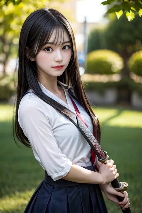 Beautiful black-haired high school girl with a Japanese sword