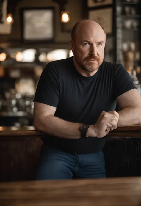 A photo of him exploring a hidden gem of a coffee shop, sipping on a unique blend of artisanal coffee.,stand-up comedy and television,Louis CK, a prominent figure in stand-up comedy and television, is known for his everyman appearance, often sporting a cas...