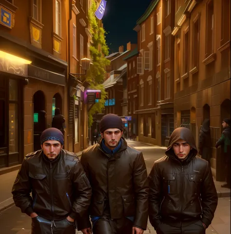 Three Uzbek men in black clothes stand on the sidewalk in a gloomy city with buildings, exteriors, in the city, On the streets, exteriors, dressed in black street clothes, michal mraz, on a city street, Standing in the streets, on a city street, exteriors,...