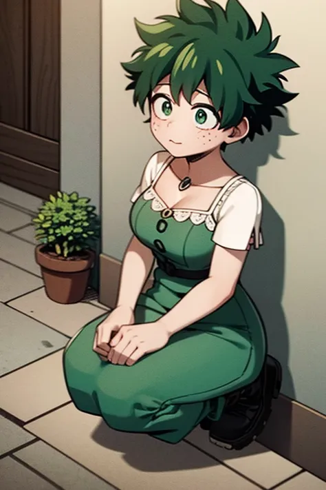 a feminine izuku midoriya with green hair and green eyes dressed in a cute feminine outfit crouched feeding a stray cat in an al...