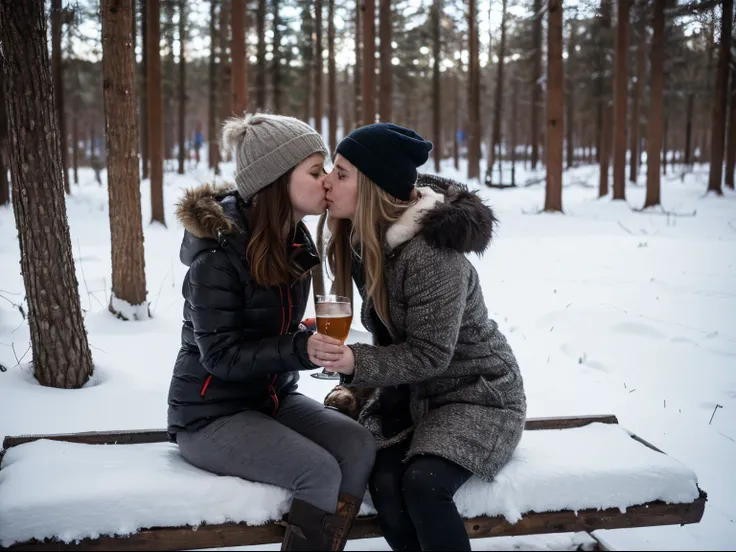 Several very drunk Russian chicks pester each other, climb to kiss, touch each other on the chest and between the legs under and through clothes on a dirty bench in the winter in the forest, drinking alcohol