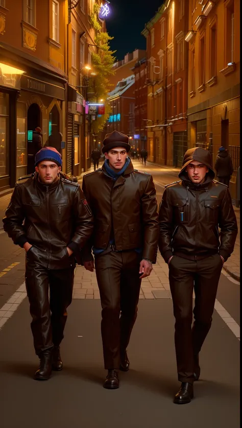 three men in jackets and hats stand or walk along a city street, Urban Street Cinematic Lighting, On a city street at night, dressed in black street clothes, on a city street, City portrait in Moscow, on a city street, On the street at night, digitalpainti...