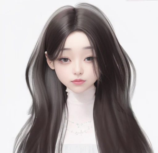 Un primer plano de una mujer con cabello largo con un collar, inspirado por Sim Sa-jeong, long glowing ethereal hair, Cabello largo y lacio blanco, Estilo realista de anime 3D, Cabello negro largo detallado, Retrato realista kawaii, Chica anime con pelo la...