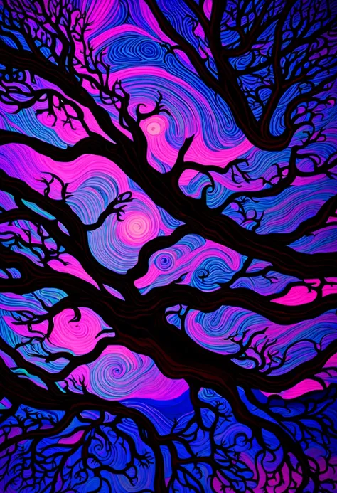 black light art, black light art, UV sensitive, Paint Van Goghs Starry Night in the art style Blacklight art with ultraviolet illumination, black light art