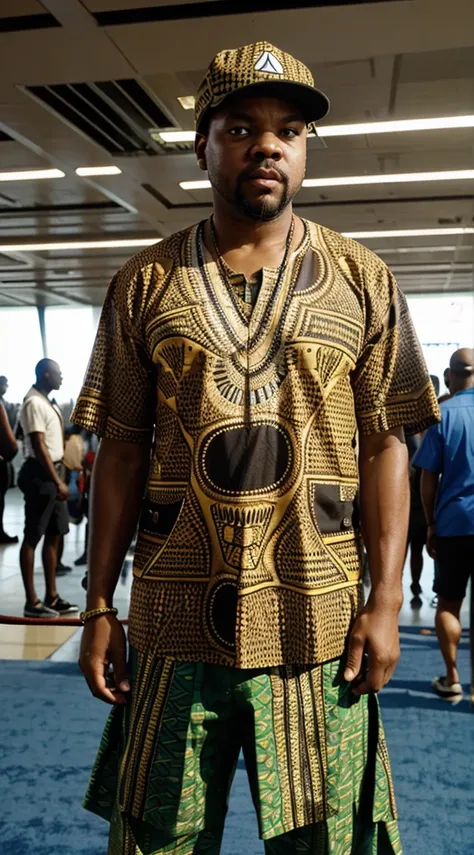 ice cube wearing African clothe, african airport