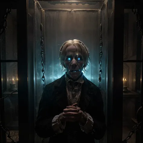 Jacob Marley, Marleys ghost, ghost, ghostly, apparition, transparent, translucent, dead, corpse, gaunt, haunting, specter, spectre, spectral, Victorian era, Victorian London, London, gaslight, winter, Christmas, A Christmas Carol, Dickens, Dickensian, chai...