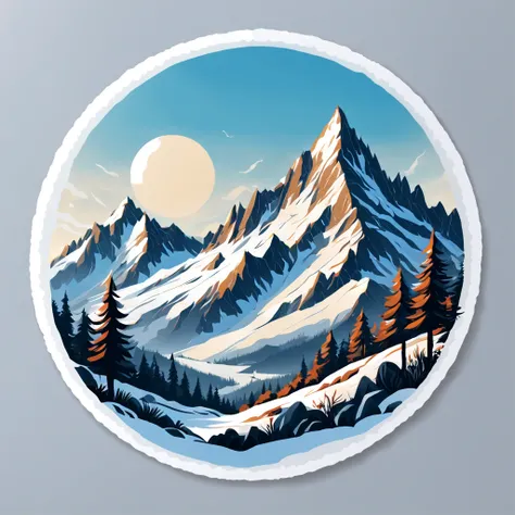 (Sticker),White background,(in circle), winter mountain with sport, ,Simple, Ultra detailed, Detailed drawing, vectorised, Silhouette, 8K, professional sticker design, Flat design, Vector lines, Sticker, Full-HD