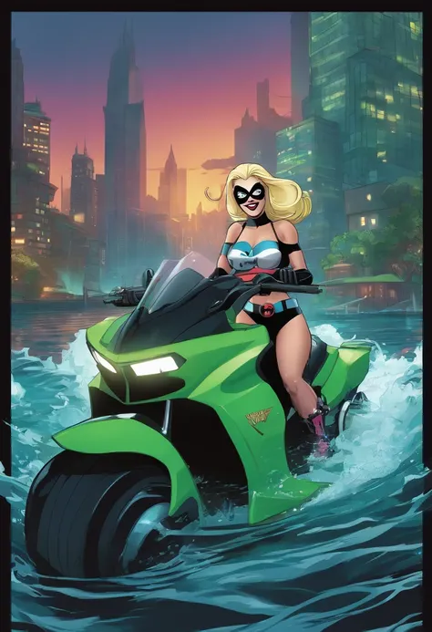 The image is of Harley Quinn riding a neon green jet ski through the choppy waters of Gotham City harbor, with a mischievous grin on her face.,Batman: The Animated Series,[Appearance= "Blonde Hair in Pigtails", "Tight Tank Top and Spandex Shorts", "Pale Co...