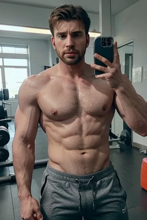 chris evans is doing a gym selfie, he is shirtless and wears grey sweatpants, massive bulge