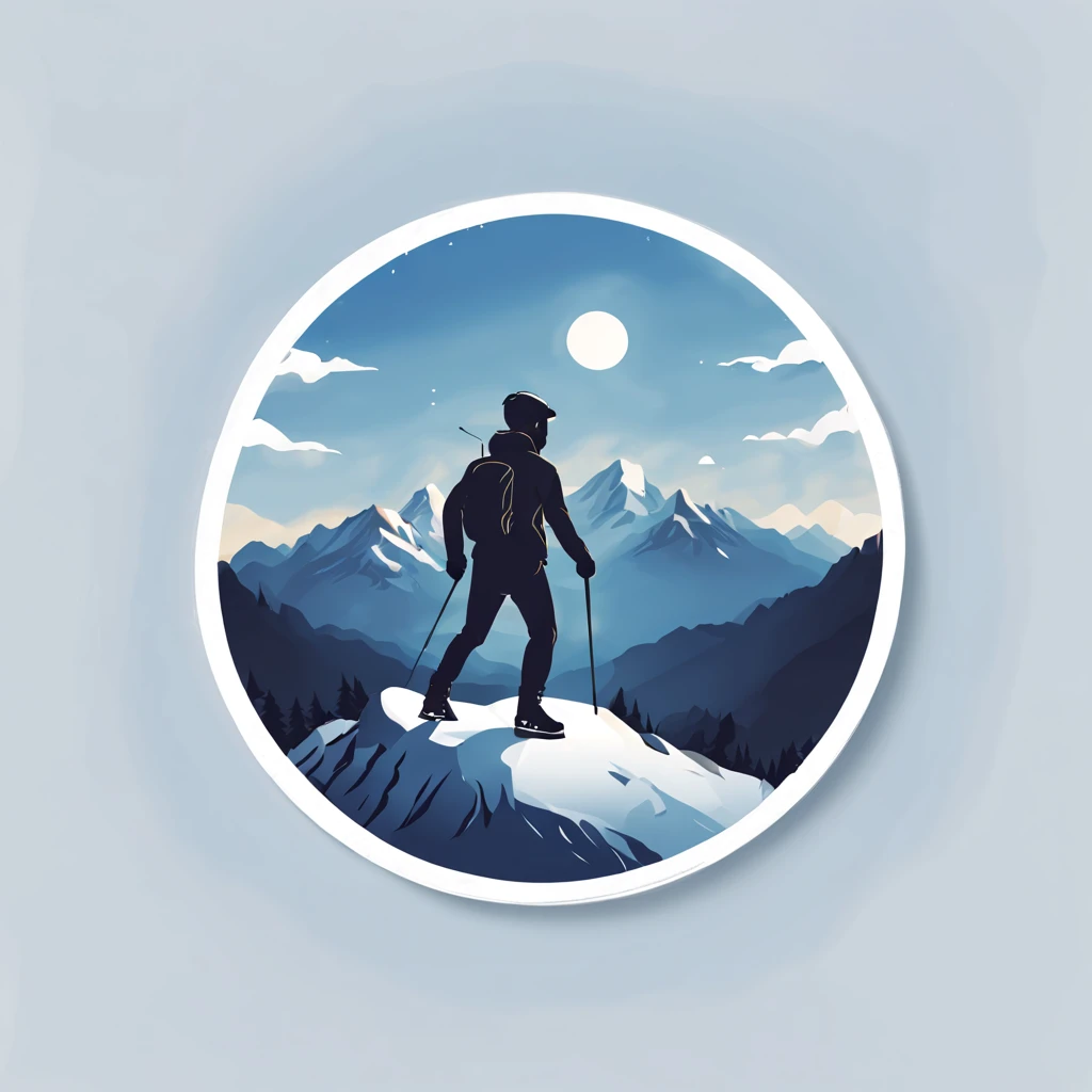 (Sticker),White background,(in circle), winter mountain with sport, ,Simple, Ultra detailed, Detailed drawing, vectorised, Silhouette, 8K, professional sticker design, Flat design, Vector lines, Sticker, Full-HD