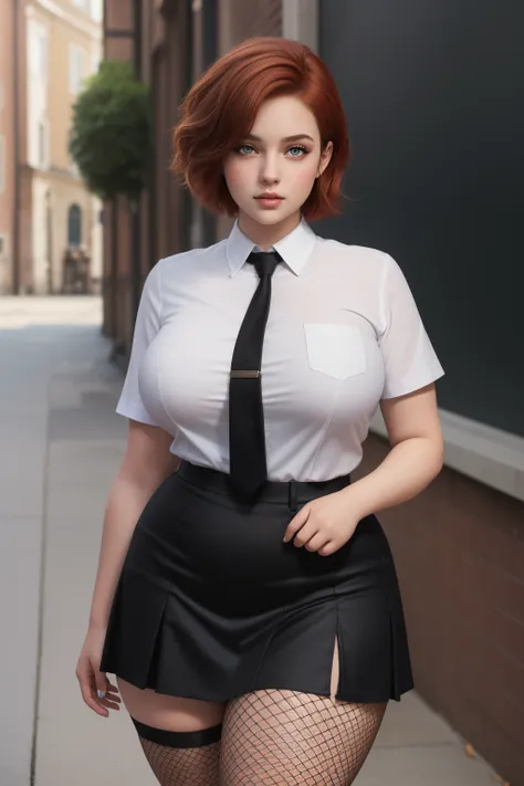 masterpiece, (photorealistic), (8k wallpaper) , (best quality), perfect quality, solo, (detailed eyes:0.9), girl, red short curvy hair, very young, face : (very young, European, very beautiful face, plump face, young). figure : (very full figure, curvy, ve...