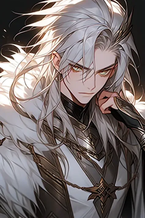 male people, long silver messy hair, white fur cape, yellow-eyed, adult face, as-adult, bare chest and armor, fanciful, elite wa...