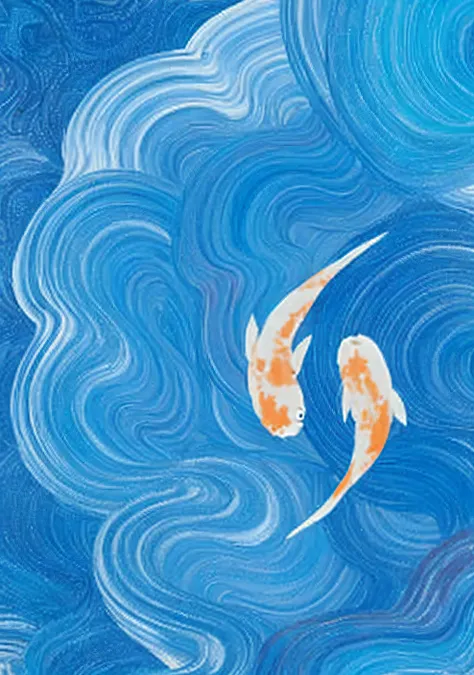 Painting of two koi fish in blue swirling sky, Fish swim, inspired by Katsushika Hokusai, inspired by Katsushika Hokusai, requirements, katsushika hokusai style, inspired by Katsushika Hokusai, katsushika hokusai style, koi fishes, Koi fish floating in spa...