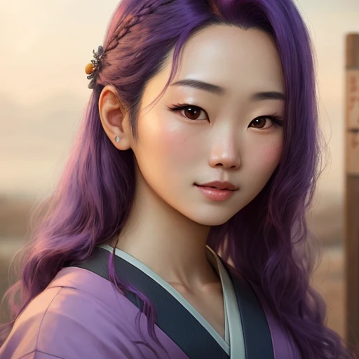 A pretty Japanese woman with long purple hair realistic