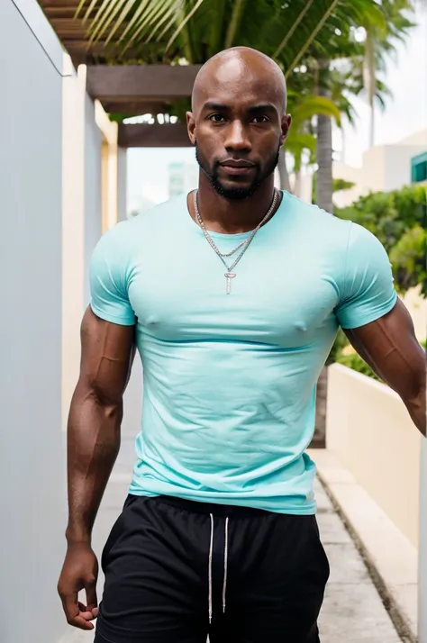 26 year old black guy mathys with muscles and bald head with a thight muscle tshirt and shorts in miami