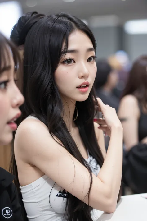 A close-up of a woman sitting at a table with a cell phone, Jaeyeon Nam, Chica coreana, Hermosa mujer surcoreana, Artista coreano, 韓国アイドル, Hermosa joven coreana, Sun Yunjoo, portrait of female Korean idol, Wan adorable cara coreana, Hermosa joven coreana, ...