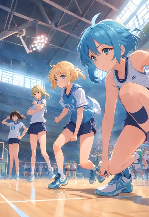 3 girls doing sports at school 1 girl with blue hair and 1 girl with blonde hair