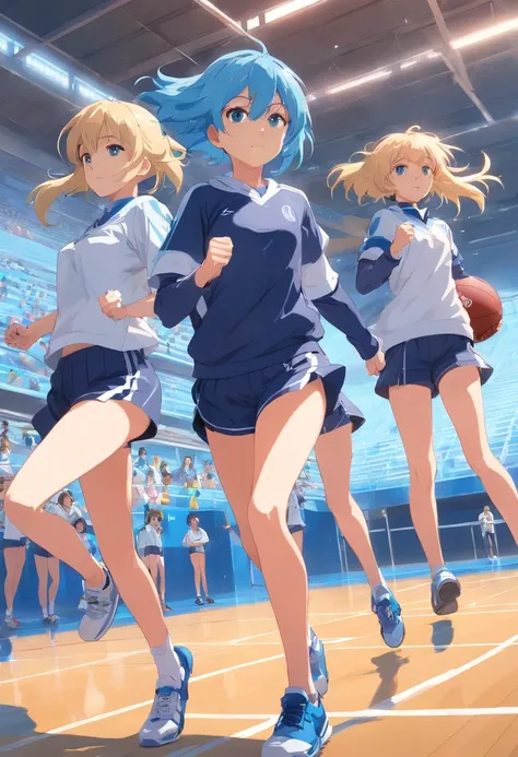 3 girls doing sports at school 1 girl with blue hair and 1 girl with blonde hair