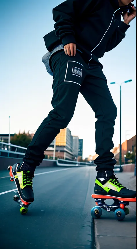 there is a man riding a skateboard on a street, rollerblading, rollerbladers, rollerblades, rollerskaters, roller skating, rollerskates, standing on a skateboard, wearing urban techwear, baggy black pants, extreme low angle long shot, photograph of a techw...