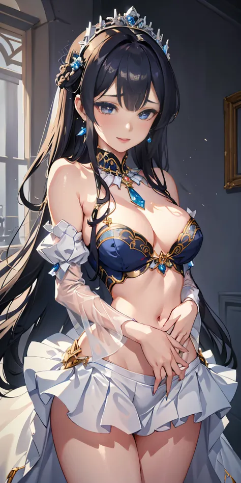 navy color, (one princess wearing sexy princess dress with transparent lace sleeves), (photorealistic:1.4), (masterpiece, sidelighting, finely detailed beautiful eyes: 1.2), Dynamic pose, masterpiece*portrait, realistic, 3d face, glowing eyes, shiny hair, ...