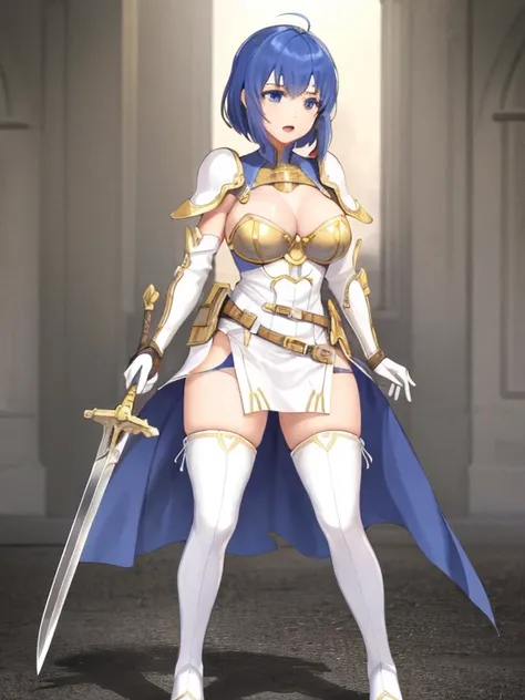 catria_white,1girl, solo, breasts, short hair, open mouth, bangs, thighhighs, gloves, dress, holding, cleavage, medium breasts, full body, weapon, ahoge, boots, elbow gloves, sword, white gloves, holding weapon, white dress, armor, white thighhighs, thigh ...