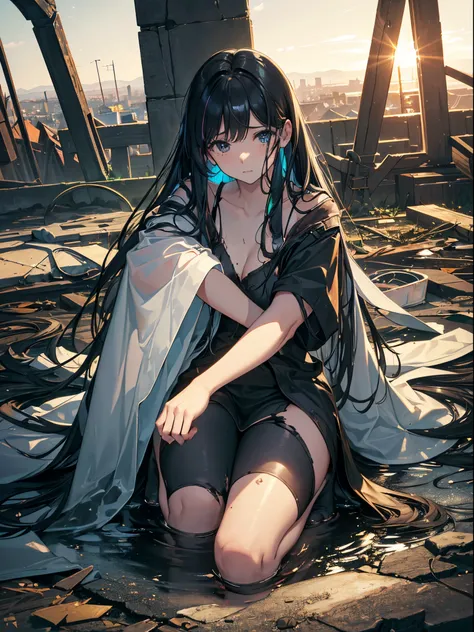 A girl in profile kneeling praying with her head down, (((long hair, dirty hair, dirty face, dirty clothes))), in a puddle of dirty water, inside a destroyed church, medium breasts, thick legs, big ass, full body, {extremely detailed 16k CG unit wallpaper}...