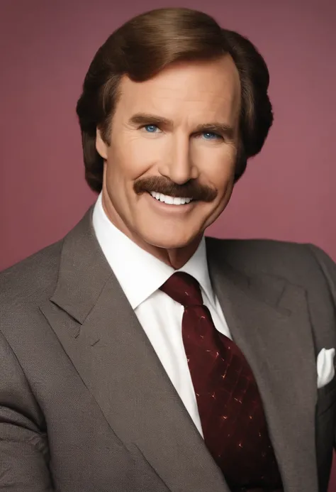 A photo of Ron Burgundy in the Channel 4 News Studio, sitting at the anchor desk with a script in hand and a charming smile on his face.,Anchorman: The Legend of Ron Burgundy,Ron Burgundy is portrayed by Will Ferrell, characterized by his distinctive, well...