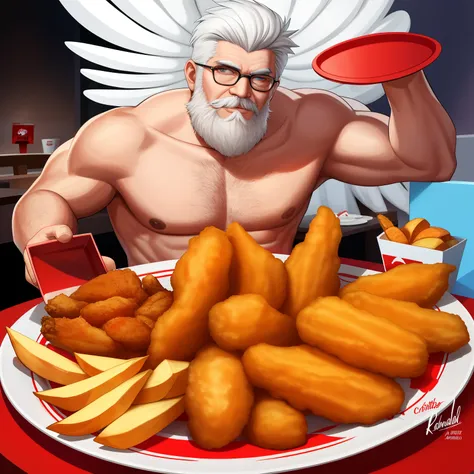 create an artwork of a muscular kfc colonel in a seductive pose, bare-chested and holding a tray of kfc fried chicken, potato we...