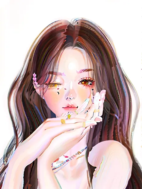 Anime girl with long brown hair and ring on her finger., inspirado por Sim Sa-jeong, Render de abril, Mano en la mejilla, IMVU, Retrato realista kawaii, Hecho con Anime Painter Studio, Anime estilo 3D, realistic artistic style, Render de una linda chica de...