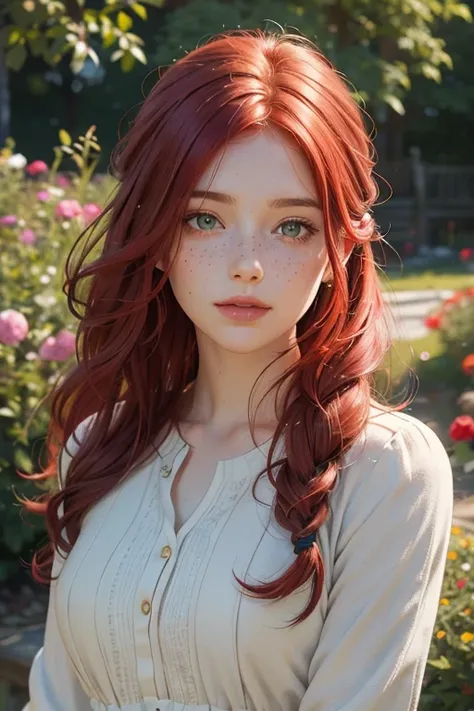 red-haired girl, fair skin, grayish green eyes, freckles on her cheeks, high-quality portrait, traditional oil painting, ultra-detailed brushwork, soft lighting, vibrant colors, delicate features, expressive eyes, subtle smile, flowing red hair, unique dre...