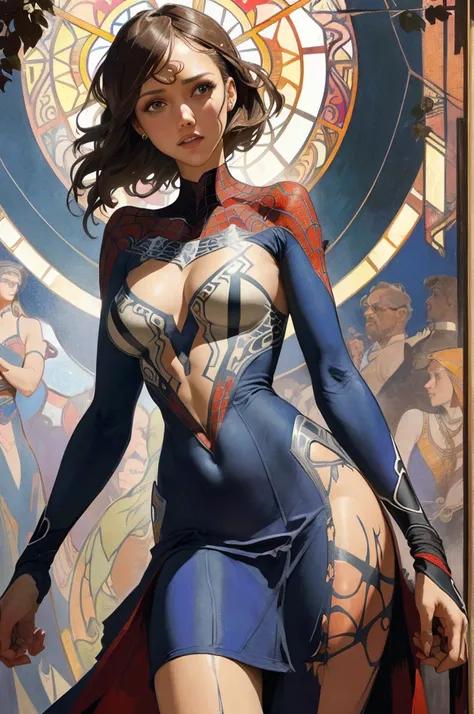 jessicaalba、Sticking out the navel、newyork、She wears a torn Spider-Man suit,wearing skirt、abstract photorealistic、artistic、Alphonse Muchas painting(​masterpiece、top-quality、hight resolution:1.4)、detaileds、intricate-detail、4K、color splashes、line-drawing、Fib...