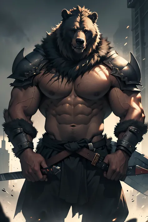 muscular bear man,battle-ready,ripped muscles,heavy armor,sharp claws,fierce expression,unyielding gaze,thick fur,giant sword,bulging veins,battle scars,beastly strength,dominating presence,aggressive stance,intense focus,determined warrior,roaring ferocio...