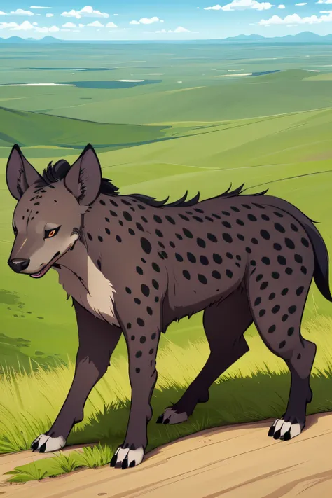 hyena, animal concept, Gringmar Ashes and Illusions type of art, just one hyena in a plains biome