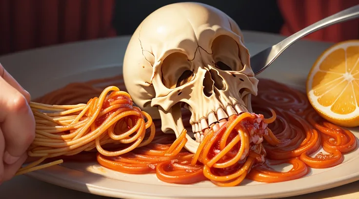 Skeleton eating spaghetti cartoon