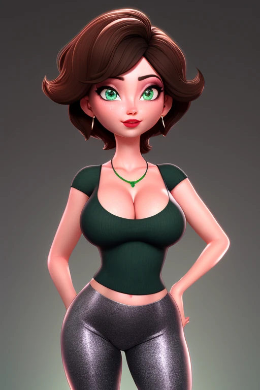 aunt cass, 1girl,green eyes, green_crop-top, black_leggings, breasts, cleavage, earrings, gradient, gradient_background, grey_background, jewelry, lips, lipstick, looking_at_viewer, makeup, medium_breasts, red_lips, short_hair, solo, brown_hair