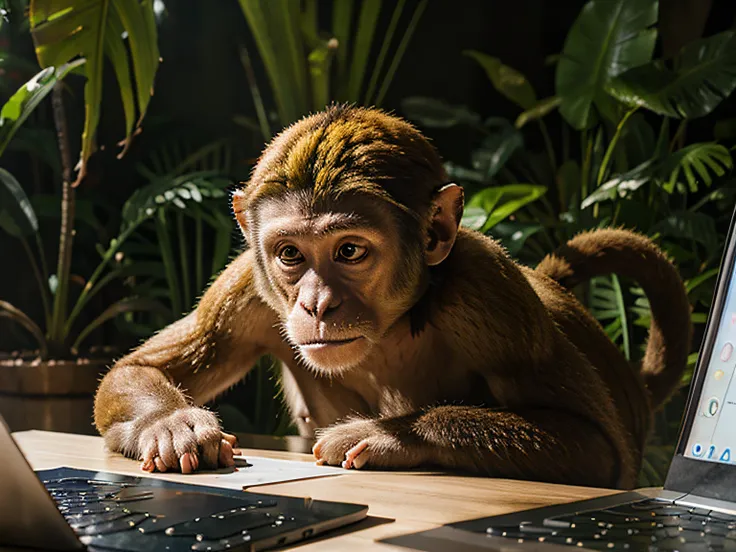 wild monkey animal playing on laptop in the middle of a jungle