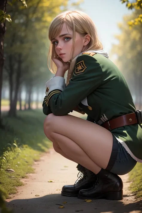 Beautiful German girl in short shorts crouching watching something in the distance, German girl, colete militar.